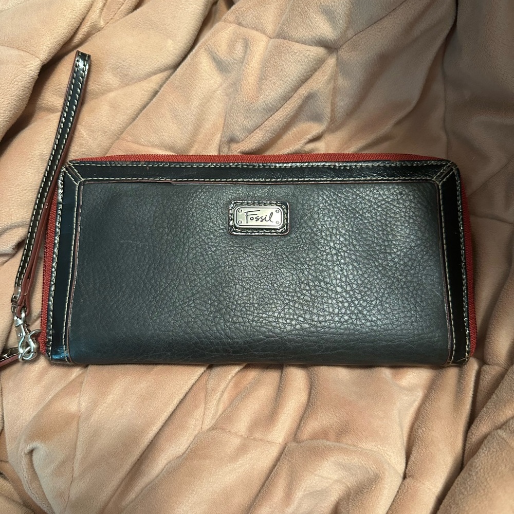 Fossil Black and Red Leather Wristlet